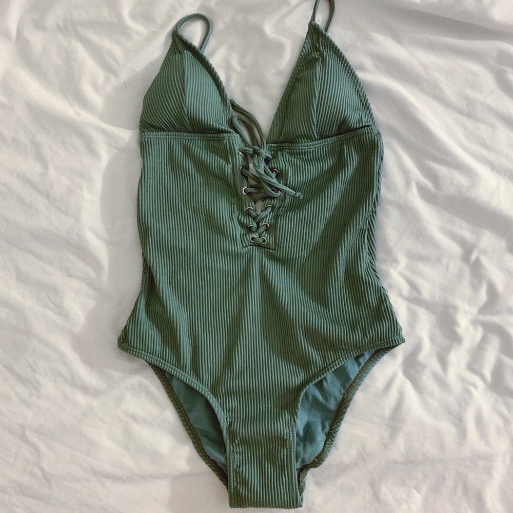 Teal lace up one piece swimsuit open back